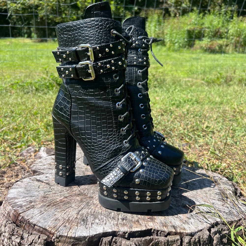 Azalea Wang Studded Crocodile Boots
